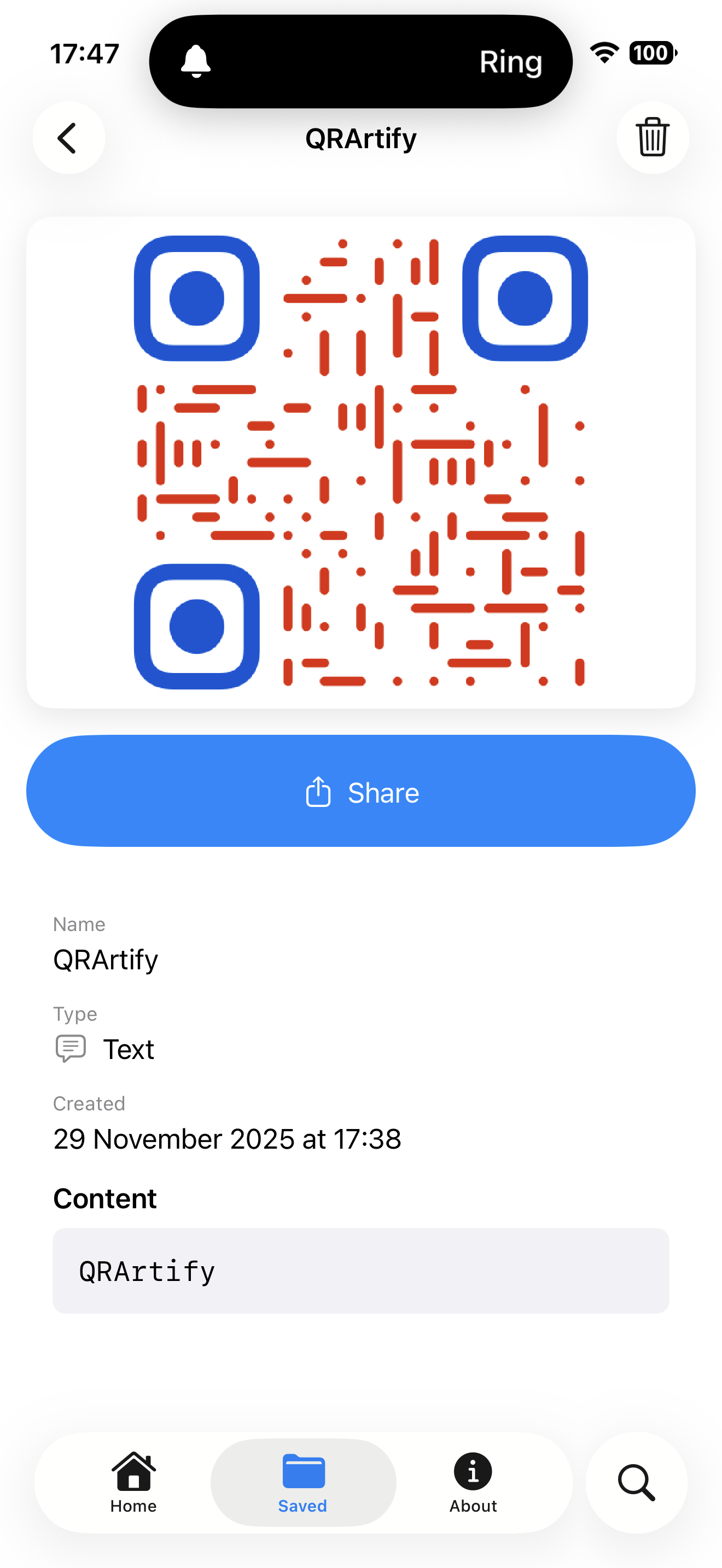 Saved QR code on iPhone