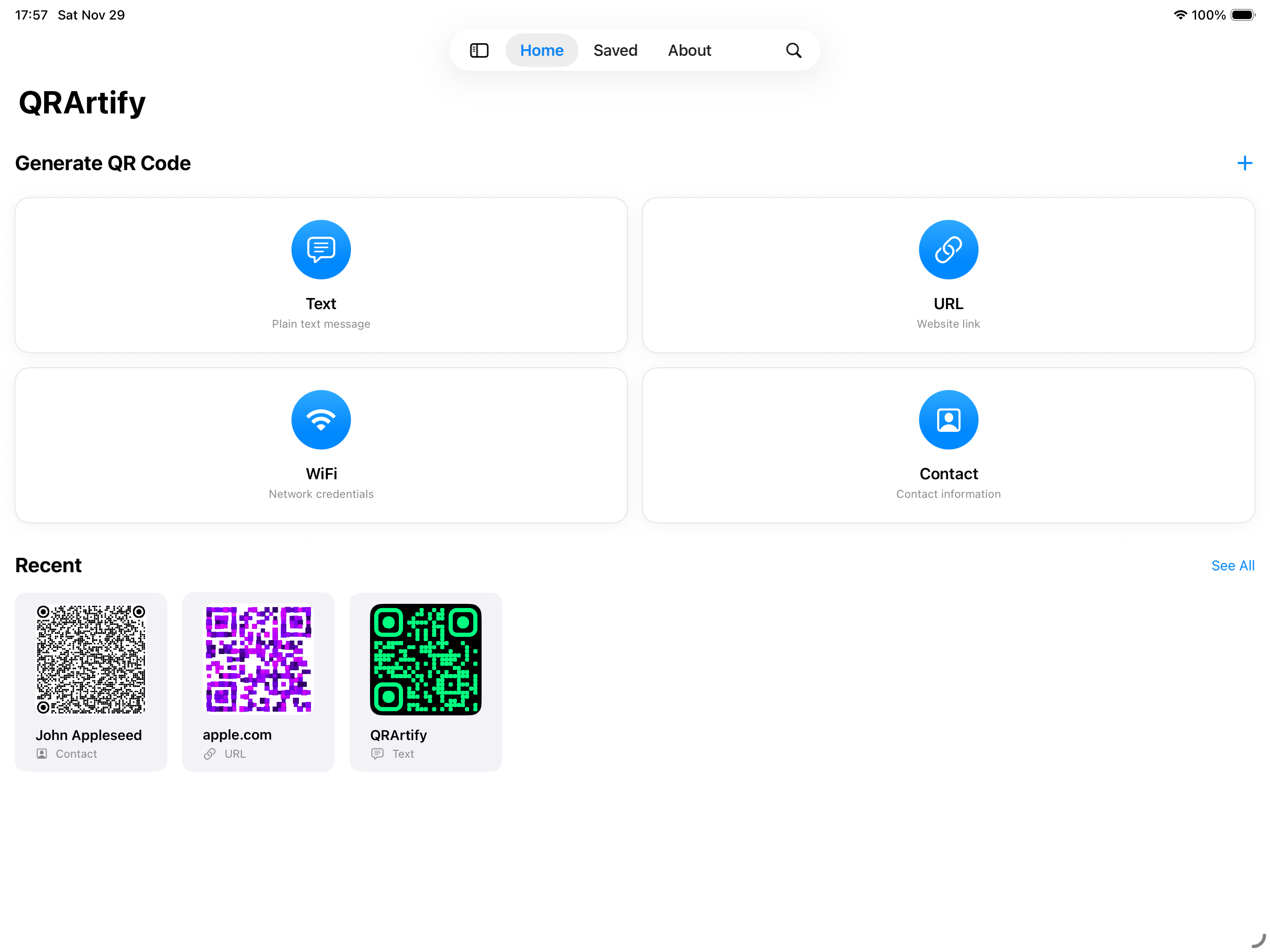 QRArtify home on iPad in landscape