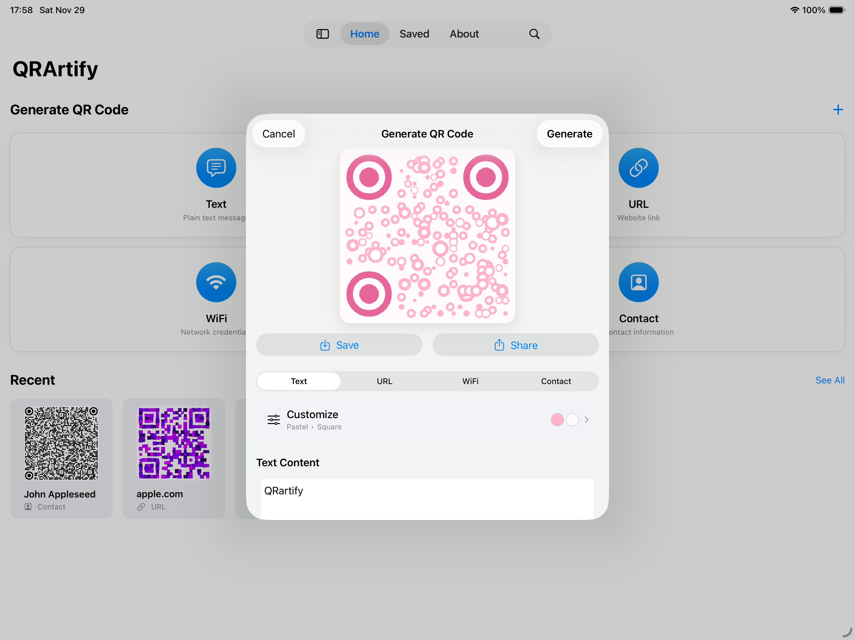 Generate a QR code on iPad
