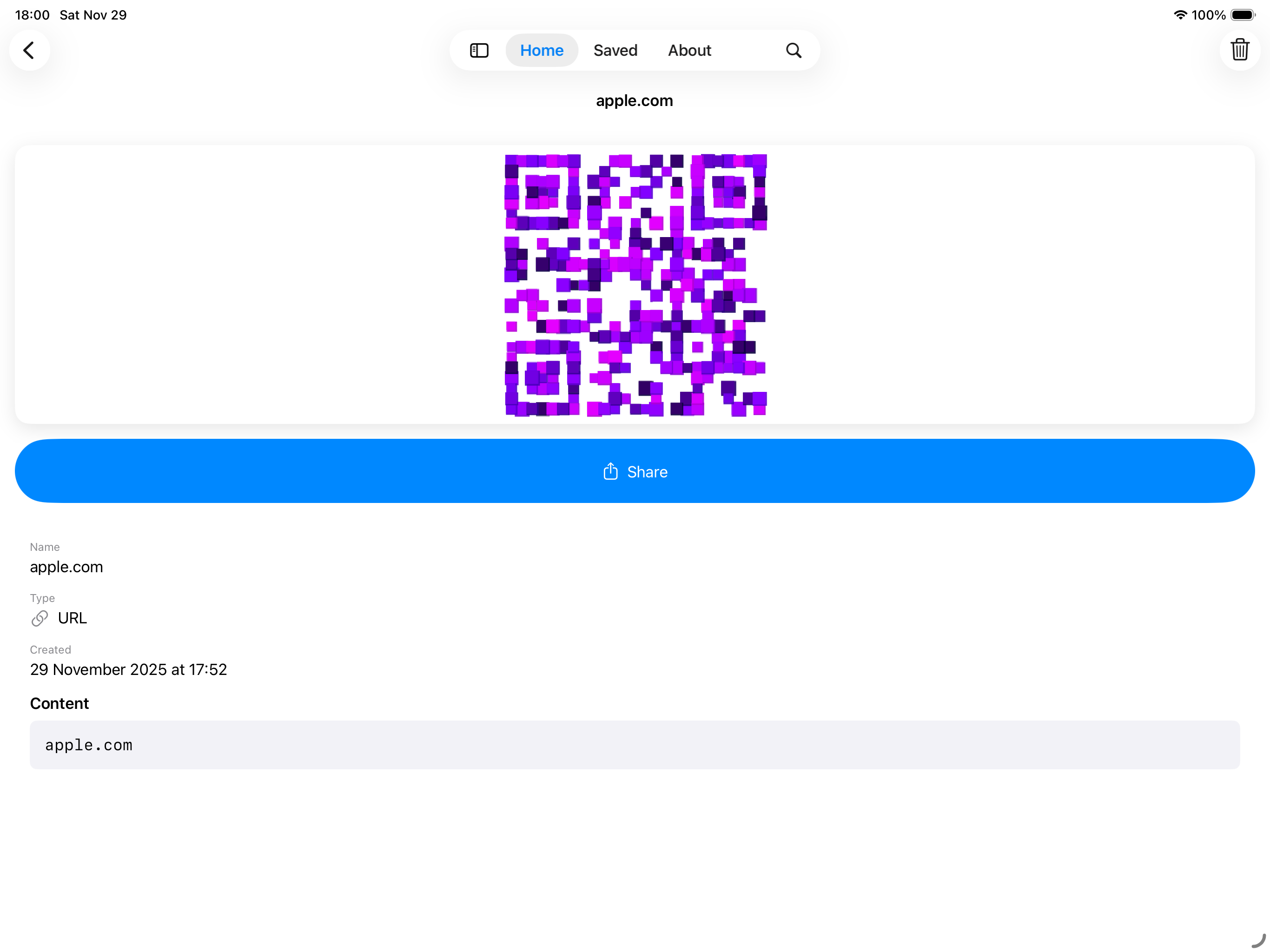 Saved QR detail on iPad
