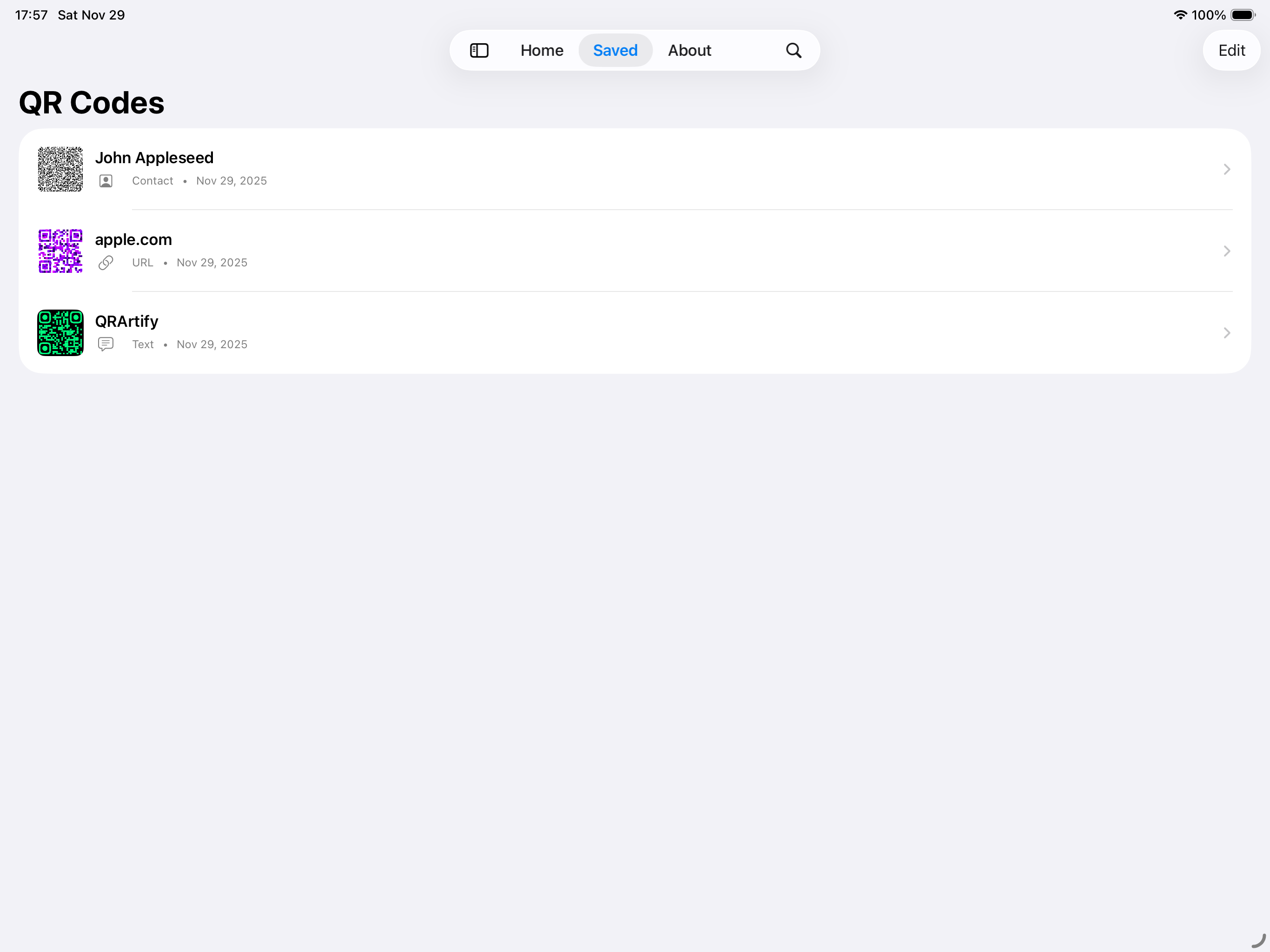 Saved QR library on iPad