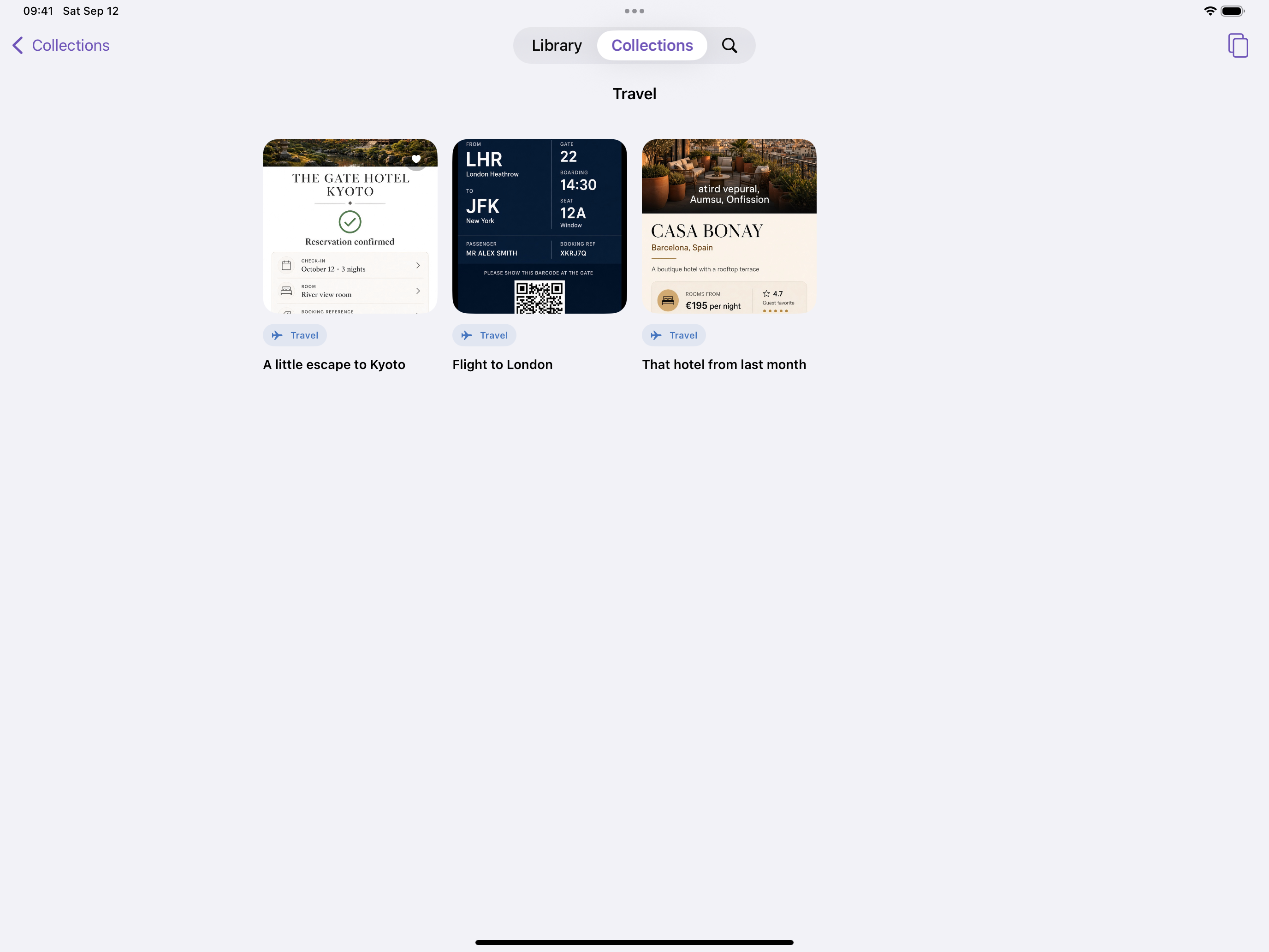 Travel collection on iPad in landscape